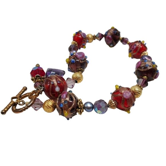 Artisan Wedding Cake Glass Bead Bracelet 22k GF Hand Blown Toggle Clasp Red - Picture 15 of 16